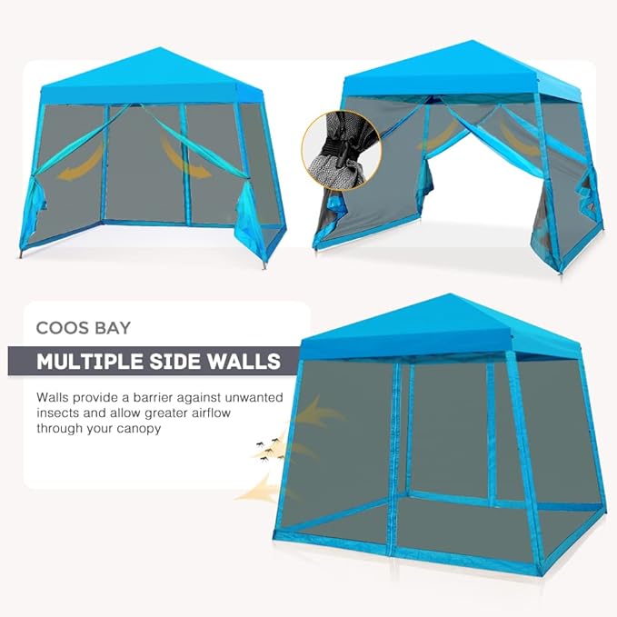 COOS BAY 10x10 Pop Up Canopy Tent with Screen Netting, Slant Leg Canopy with UPF 50+ UV Protection, 64 Sq Ft Shade, One Person Setup with Carry Bag, Light Blue