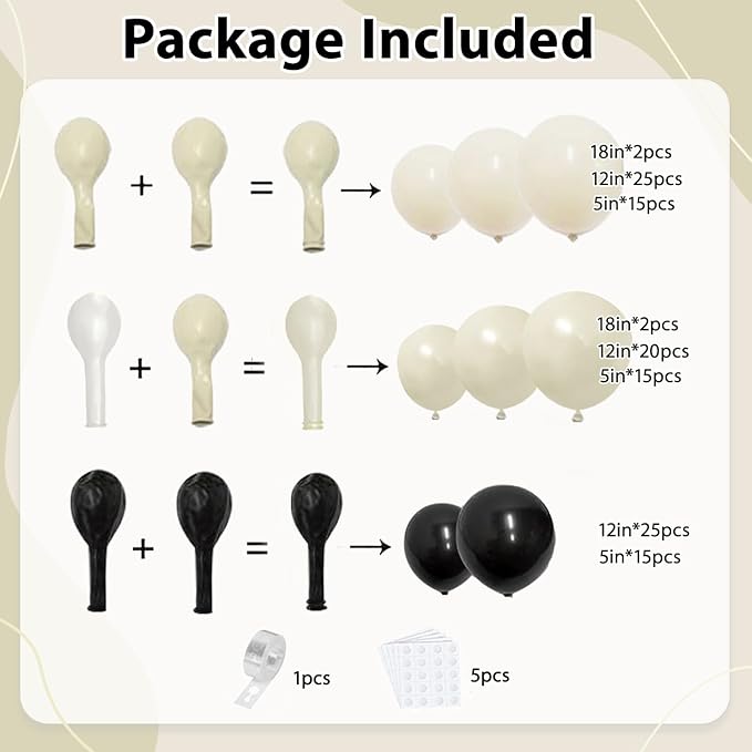 Black and White Balloons Arch Kit - 119 PCs Double Stuffed Cream and Black Balloons Garland Pearl White Sand Beige Ivory Balloons for Wedding Coquette Birthday Party Decorations