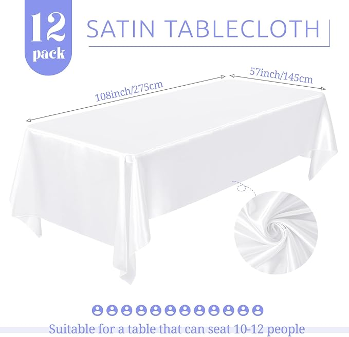 12 Pack White Satin Tablecloth, 57 x 108 Inch Silky Satin Table Cloth, Rectangle Bright Silk Tablecloth Smooth Fabric Table Covers Overlay Silky Table Decoration for Wedding Party Banquet Birthday