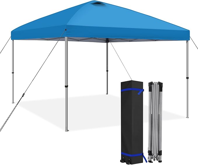 HYPER VENTURE 10x10ft Pop Up Canopy Tent with One Push Setup, Portable Outdoor Event Shelter with Rolling Carry Bag for Camping, Beach, Market, Patio (Blue)