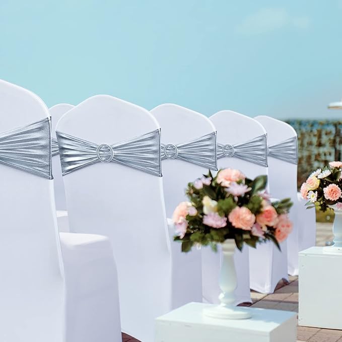 Spandex Chair Sashes Bows - Babenest 30PCS Premium Stretch Chair Cover Band with Buckle Slider Universal Elastic Chair Ties for Wedding Party Ceremony Reception Banquet Decoration (Metallic Silver)