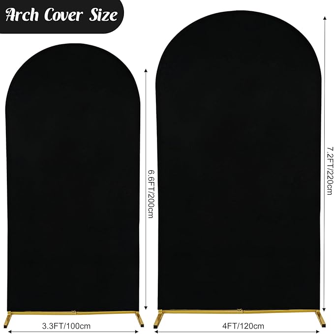 Set of 2 Wedding Arch Cover 2-Sided Round Top Spandex Fitted Arch Backdrop Cover for Birthday Party Baby Shower Wedding Arch Stand Decor（7.2FT, 6.6FT, Black）