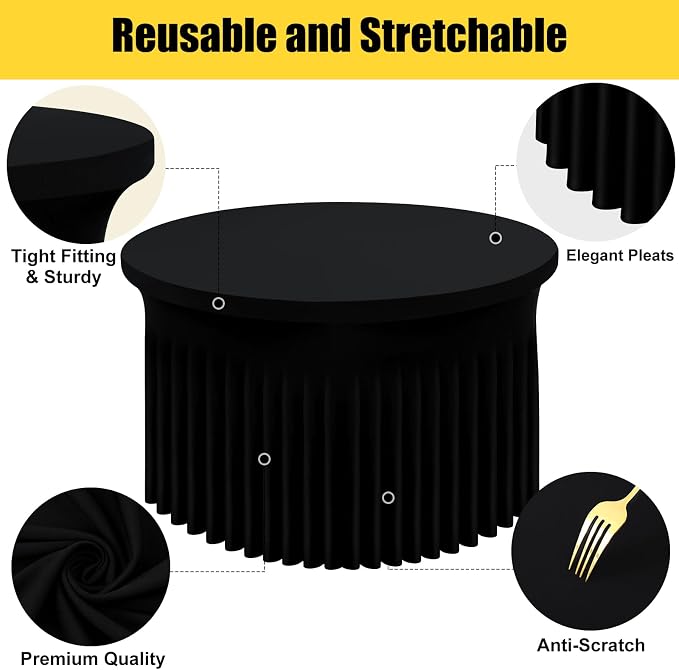 Smiry Round Spandex Tablecloth, Elastic Fitted Washable Tablecloths for 72 Round Tables, Waterpoof Stretch Table Cover Skirt for Outdoor, Wedding, Banquet & Parties, Black