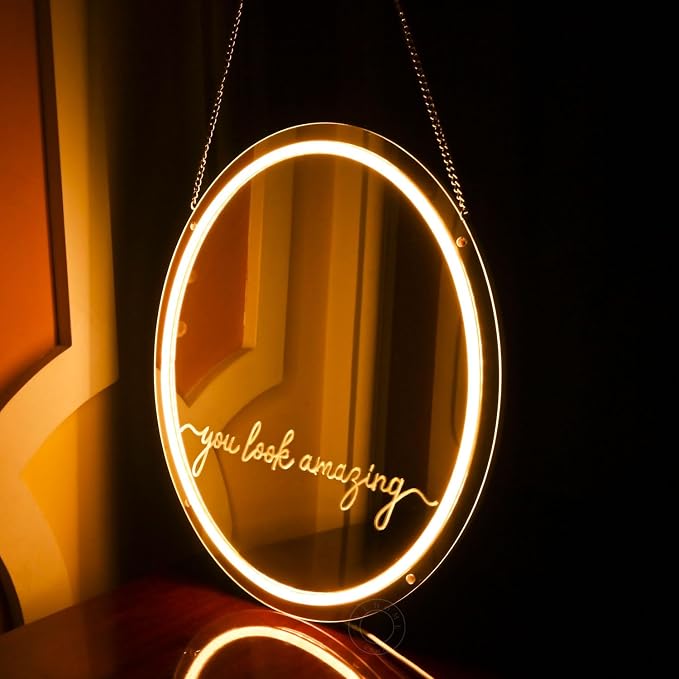 SYLHOME Mirror Led Neon Light Sign You Look Amazing Bedroom Girls Room Dresser Wall Sign Decor Birthday Party Christmas Gifts 13.78" X 11.81" USB Warm White