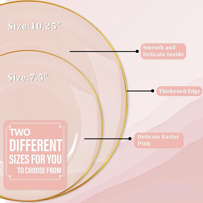 Nervure 100PCS Pink and Gold Plastic Plates - 10.25 inch Pink Disposable Plates with Gold Rim - Party Plate - Dinner Plate Ideal for Wedding & Party & Mothers Day