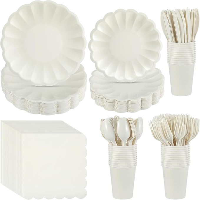 Newtay 350 Pcs Ivory Scalloped Paper Plates and Napkins Party Supplies for 50 Guests Cream White Disposable Plastic Tableware Cups Spoons Forks Knives for Wedding Baby Shower Picnic Birthday Party