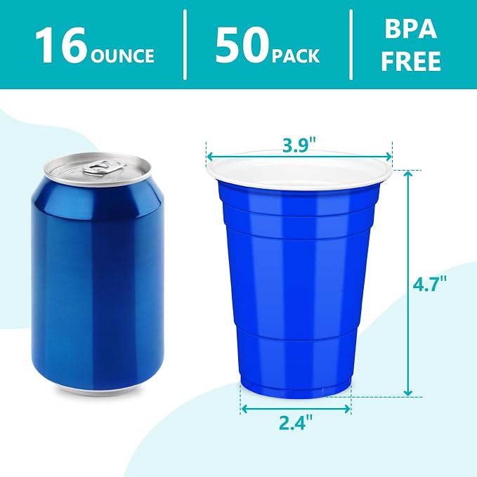 LANLISA 50 Dark Blue Plastic Cups, 16 oz Disposable Cups, Drinking Cups For Birthday Party, Graduation, 4th of July Patriotic, Veterans Day
