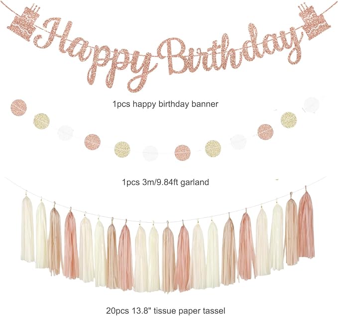 Champagne Gold Beige Birthday Party Decorations, Happy Birthday Banner, Paper Pompoms, Lanterns, Fans, Hanging Swirls, Circle Dots Garland Tassel Garland for Birthdays Party Decorations 37pcs