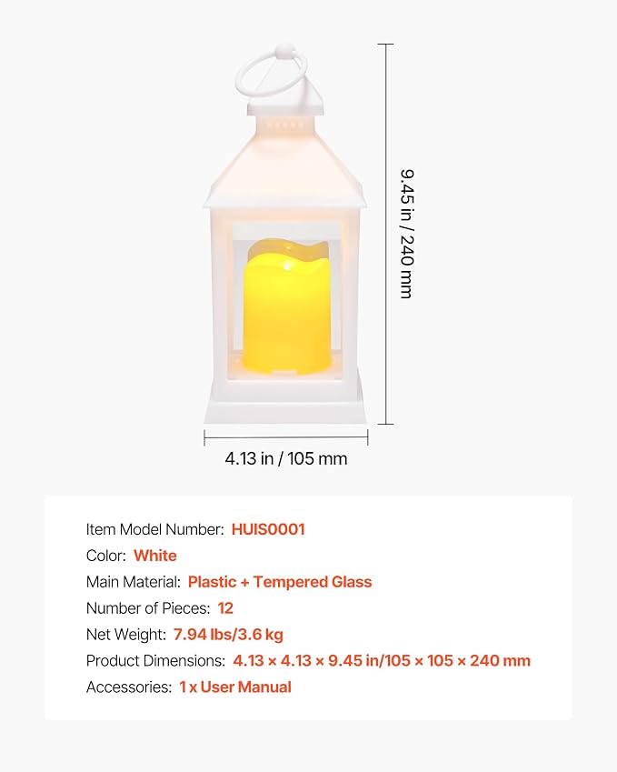 VEVOR 12 Pcs Decorative Candle Lantern, LED Electric Flameless Candle, Plastic LED Holder with Glass, Wall Hanging Indoor Porch Lanterns for Wedding Table Party Farmhouse Indoor Decor, White
