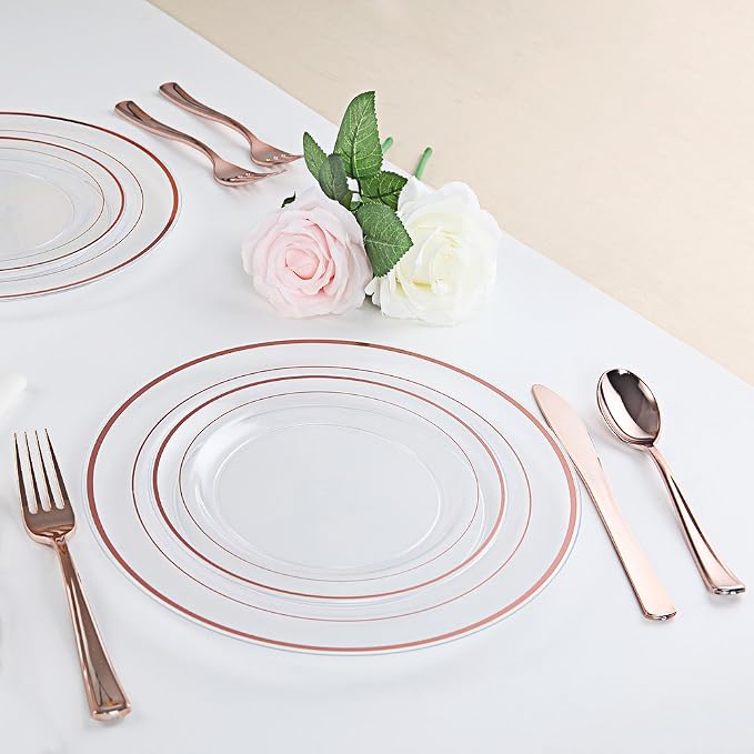 I00000 50 Pcs Rose Gold Plastic Plates, Disposable Party Set Include: 50 Clear Plastic Plates with Rose Gold Trim for dinner and dessert Perfect for Holidays, Wedding & Party Supplies