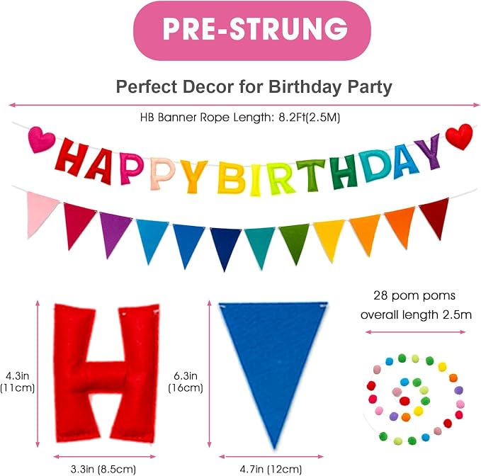 Colorful Pre-Strung 3D Happy Birthday Banner, 3 PCS Reusable Rainbow Party Decorations with Felt Ball Garland and Triangle Flags, Personalized Birthday Sign for Girl Boy Women Men