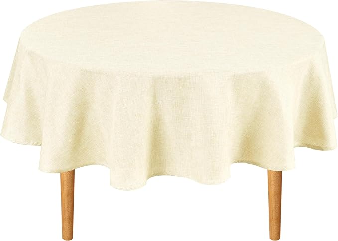 Hiasan Faux Linen Table Cloth 84 Inch Round - Wrinkle and Stain Resistant Decorative Farmhouse Polyester Fabric Tablecloth for Dining Kitchen Party Outdoor, Champagne