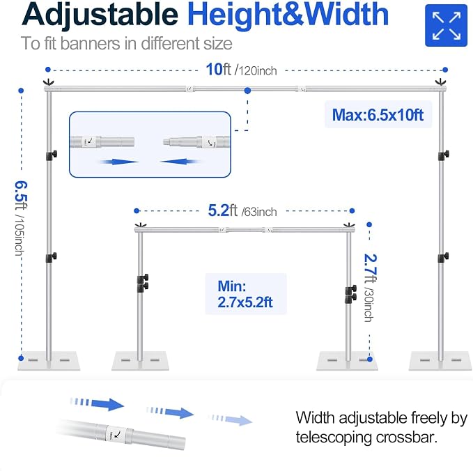 EMART Backdrop Stand, 6.5x10 ft Adjustable Photo Background Pipe and Drape Photography Kit with Heavy Duty Metal Flat Base for Parties, Wedding, Video Studio, Birthday - Silver