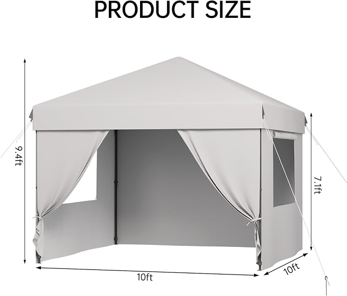 10X10 Pop Up Canopy Tent with 4 Sidewalls, Heavy Duty Commercial Instant Shelter, One-Person Quick Setup Outdoor Party Tent, Water-Resistant & Portable for Outdoor Events, Camping, White