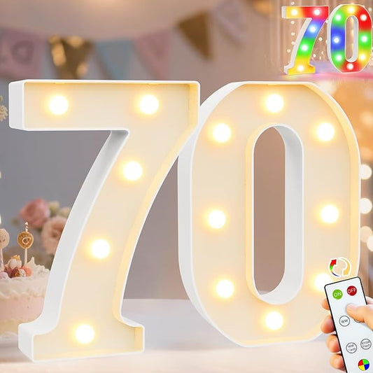 Pooqla 70th Birthday Decoration for Her Him, Decorative LED Light Up Numbers, Marquee Numbers 70 Sign for Party Backdrop 70th Wedding Anniversary Decor Gift, Warm White and Colorful Number 70