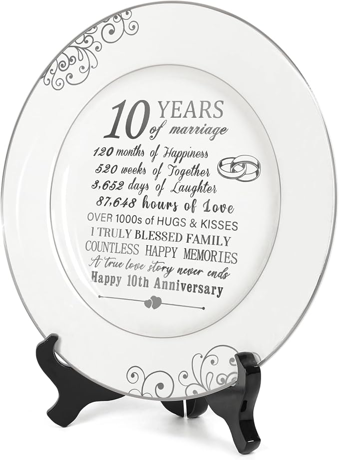 Urllinz 10th Anniversary Plate with Platinum Foil Decorations - 10 Year Wedding Tin Gifts for Her Couples Wife Him Husband, Ceramic 9"