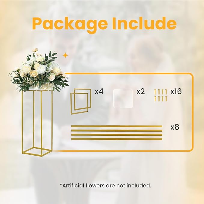 YALLOVE 2 Pack 23.75 Inch Gold Wedding Flower Stand Metal Vase Column Stand Geometric Centerpiece Vase for Home Party Wedding Decorations, Rectangular Flower Display Rack