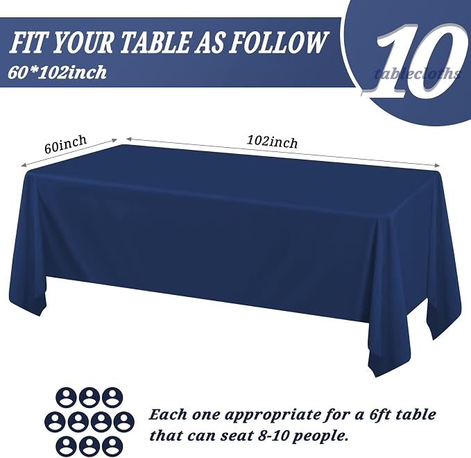 Pesonlook 10Pack Navy Blue Polyester Tablecloths, 60 x 102 Inch for 6ft Rectangle Tables Polyester Table Cover Washable Table Cloth for Wedding Reception Banquet Party