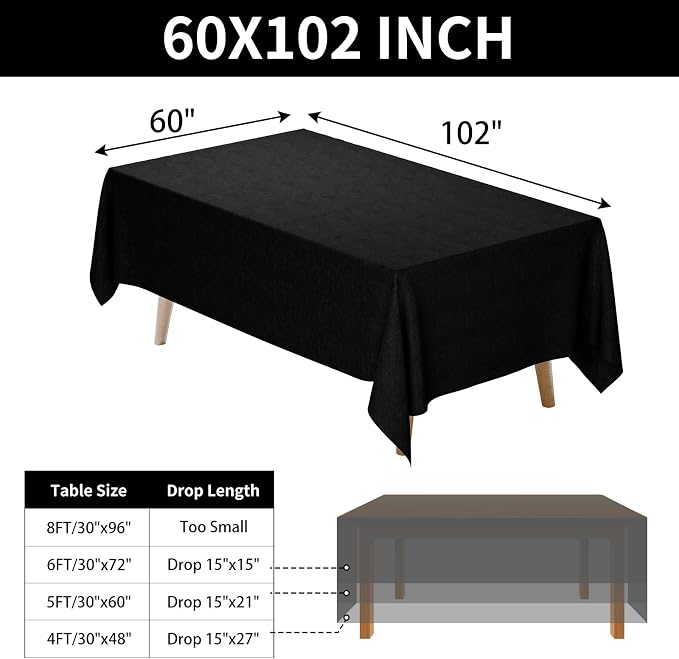 Fixwal 3 Pack Black 60 x 102 Inch Rectangle Tablecloths, Reusable Heavy Duty Washable Polyester Table Covers for 6 Ft Tables, Wedding, Party, Birthday, Outdoor, Picnic, Camping