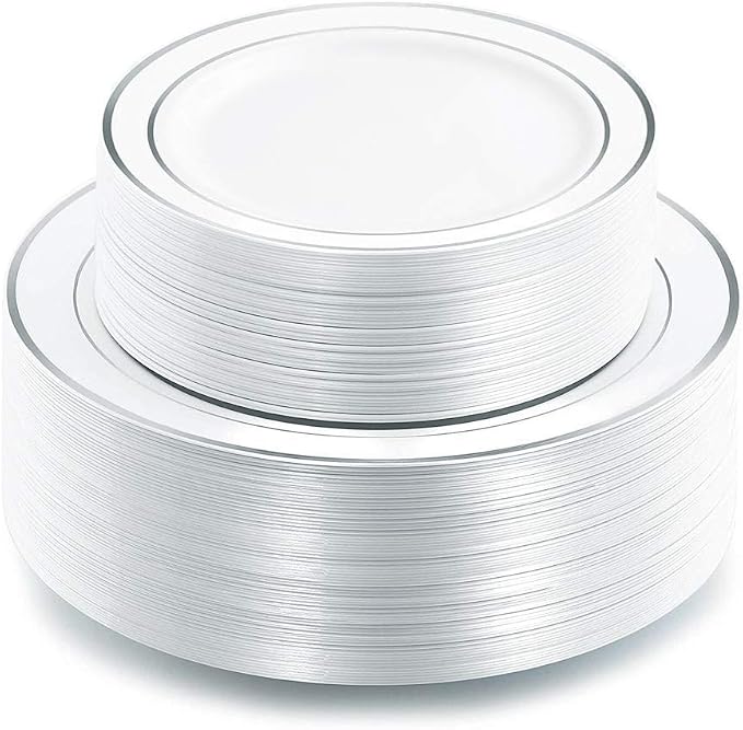 I00000 100pcs Silver Plastic Plates, Disposable Plastic Party Plates with White Silver Rim Fancy Wedding Party Plates Include 50 Dinner Plates 10.25" and 50 Dessert Appetizer Plates 7.5"