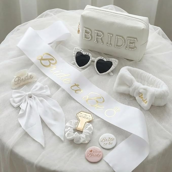 WOVOWOVO Bridal Shower Gifts for Bride To Be: Bachelorette Party Accessories Wedding Gifts - Bride Sash, Makeup Bag, Hair Clip, White Hair Bow, Sunglasses and Facial Headband