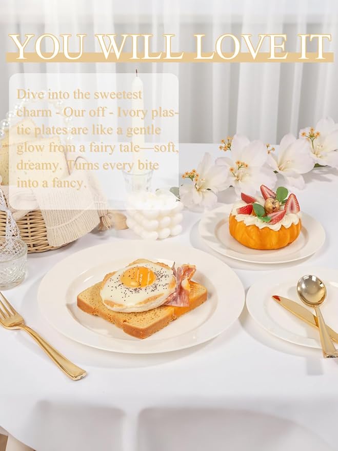 WDF 200PCS Ivory Plastic Plates - Elegant Ivory Disposable Plates for Party- Include 100 Dinner Plate 10inch and 100 Plastic Dessert Plate 7inch Perfect for Party Baby Shower Spring Mother's Day
