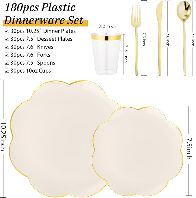EI 180pcs Beige Plastic Plates with Gold Plastic Silverware,Heavy-Duty Disposable Plates for Party,Beige Dinnerware Set for 30 Guest Wedding,Afternoon Tea,Spring,Mother's Day,Valentine's Day,Easter