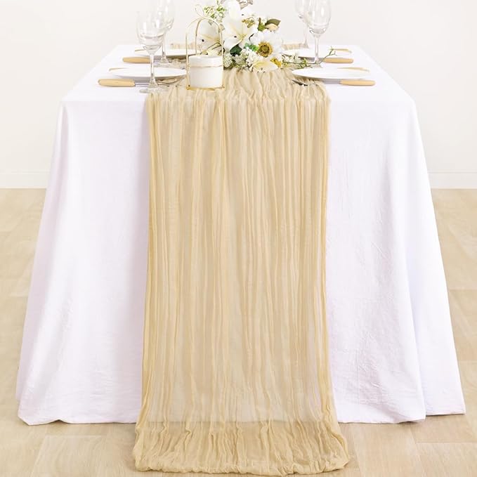 MLMC Champagne Cheesecloth Table Runner 10ft Sand Rustic Gauze Cheese Cloth Table Runner 35x120 Inches for Farmhouse Cozy Holiday Outdoor Events Home Decor