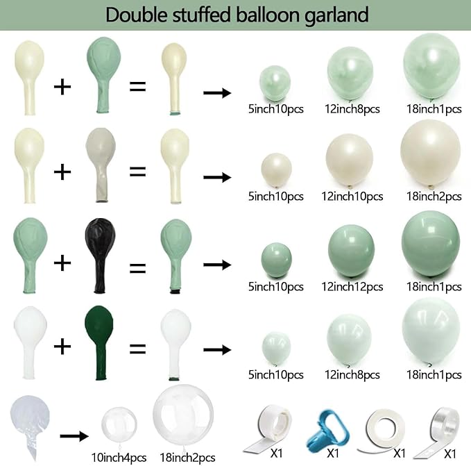 Dusty Green Balloon Arch Kit Double Stuffed,Pearl Light Sage Green White Sand Beige Balloon Garland with Clear Bobo for Bridal Birthday Wedding Baby Shower Graduation Party Decoration