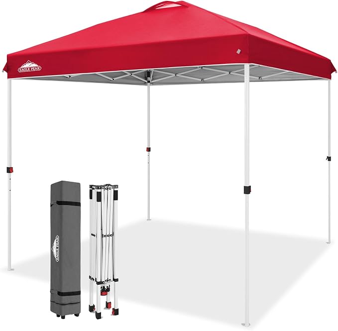 EAGLE PEAK Pop Up Canopy Tent with Wheeled Carry Bag, 8 Stakes, 4 Ropes, Easy Set Up Tent Canopy, 8x8 ft, Red