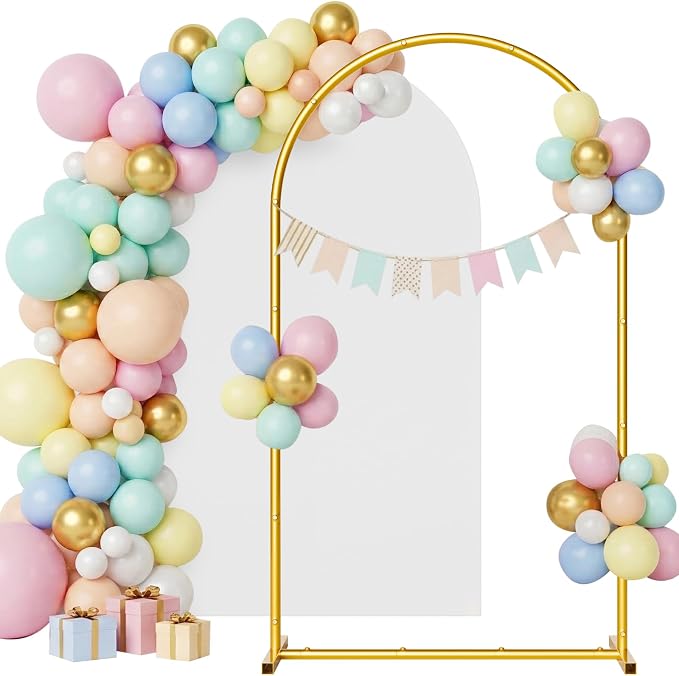 Arch Backdrop Stand and Cover Set, 7.2 x 4FT Gold Metal Wedding Arch for Ceremony, Heavy Duty Balloon Arch Stand with White Spandex Cover for Birthday Party, Baby Shower, Graduation, Event Decor