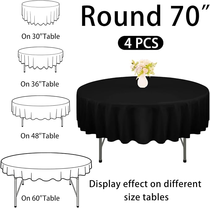 4 Pack Round Tablecloth 70 Inch Black Polyester Washable Decorative Fabric Table Covers for Wedding Dining Table Buffet Parties Banquet Decor