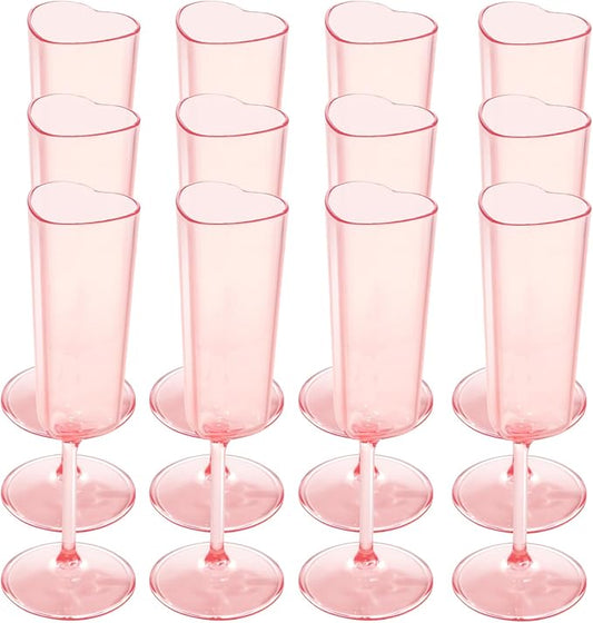 JLYLOL 12 PCS Heart Shaped Champagne Flutes, 5.5OZ Plastic Champagne Glasses, Unique Wedding Toasting Glasses, Elegant Stemmed Drinking Cups Plastic Goblets for Celebrations Anniversary Bride (Pink)