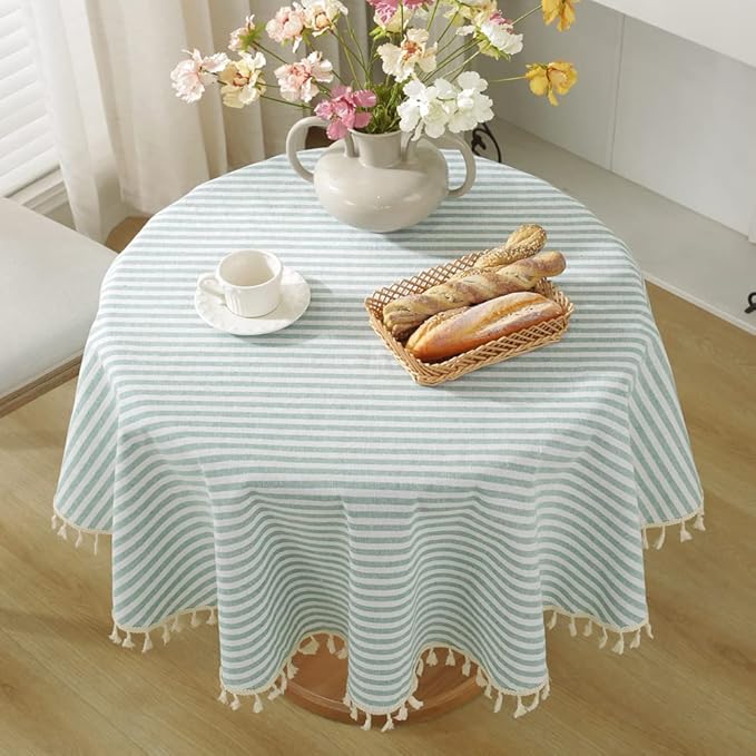 meioro Round Tablecloths Striped Tablecloth Cotton Blend Table Cloth Washable Tabletop Decorative Fabric Table Cover for Kitchen Dinning (Green, Round 39 Inch)