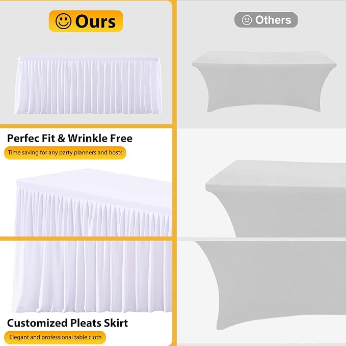 Wish Care 4 Pack White Rectangle Table Clothes for 8 Foot Tables, Polyester Fitted Tablecloths 8ft Stretch Table Cover for Wedding, Birthday, Parties, Trade Show, Craft Show