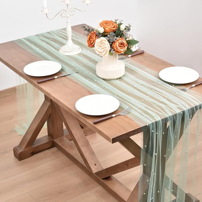 Sage Green Pearl Table Runner Boho Rustic Tulle Lace Dining Baby Shower Wedding Arch Decor Veil Dessert Holiday Centerpiece Table Decor 3pcs