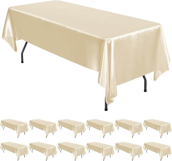 12 Pack Champagne Satin Tablecloth, 57 x 108 Inch Silky Satin Table Cloth, Rectangle Bright Silk Tablecloth Smooth Fabric Table Covers Overlay Silky Table Decoration for Wedding Party Banquet Birthday