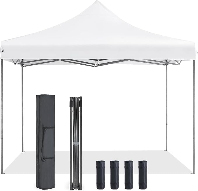 OLIXIS 10x10 FT Instant Pop Up Canopy, Waterproof Outdoor Sun Shade Tent, Heavy Duty Portable Shelter with Windproof Sand Bags for Outdoor Gatherings, Beach & Yard Events, Pure White