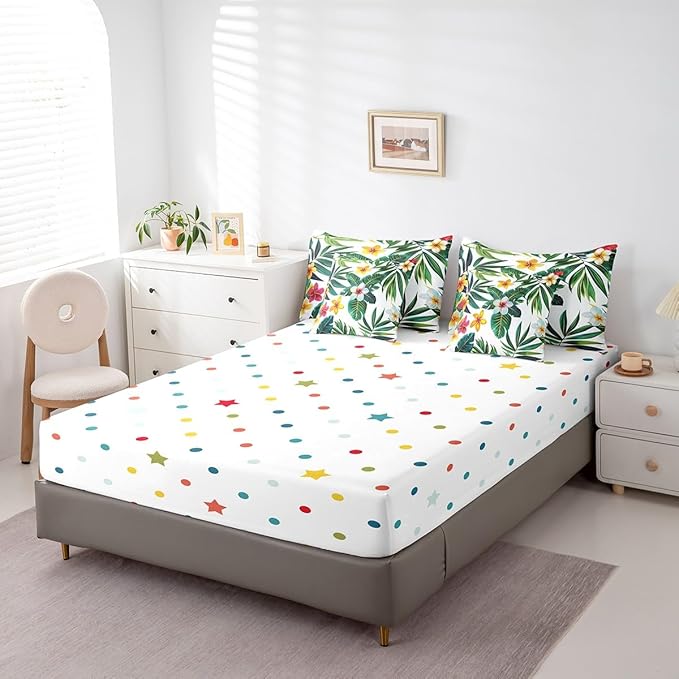 jejeloiu Palm Leaf Comforter Set with Sheets Twin Size 7 Pieces Kids Tropical Leaves Pattern Bedding Set for Boys Girls Summer Tree Branches Nature Theme Flowers Bed in a Bag Room Decor
