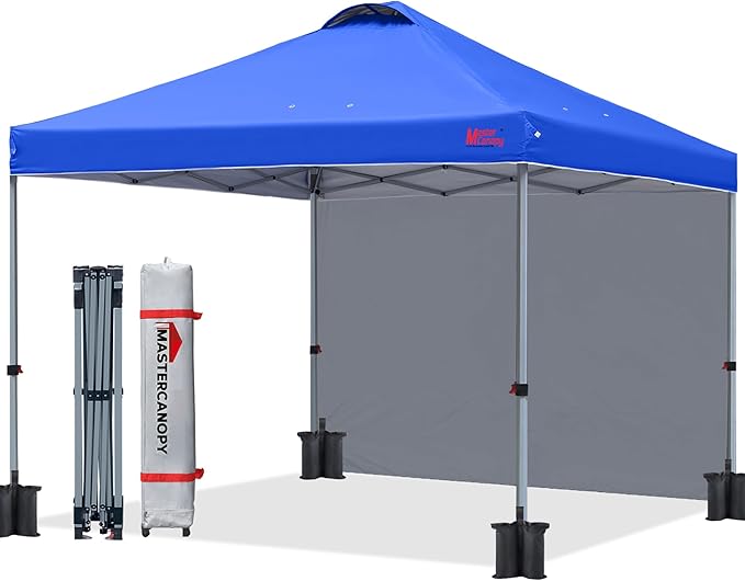 MASTERCANOPY 8x8 Pop Up Canopy Tent with 1 Sidewall, 1 Person Setup Instant Shelter, Outdoor Portable Beach Canopy, 1 Roller Bag, 4 Sandbags, 4 Ropes, 8 Stakes (8x8, Blue)