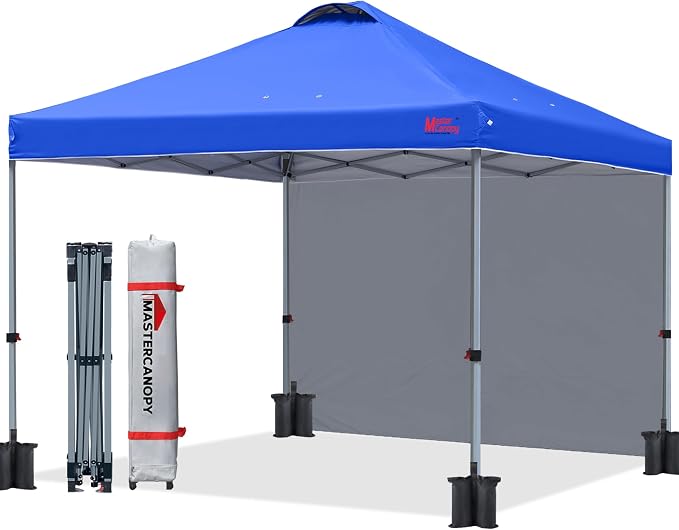 MASTERCANOPY 10x10 Pop Up Canopy Tent with 1 Sidewall, 1 Person Setup Instant Shelter, Outdoor Portable Beach Canopy, 1 Roller Bag, 4 Sandbags, 4 Ropes, 8 Stakes (10x10, Blue)