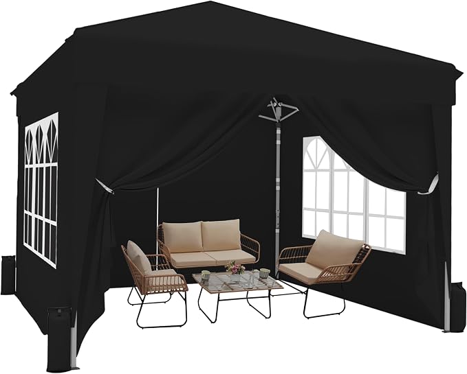 SANWAY 10x10 Pop Up Canopy with Sidewalls x 4 – Easy Setup Canopy Tent, Waterproof, UV-Resistant, Portable with Carry Bag for Outdoor Events, Camping, and Backyard Parties – Black