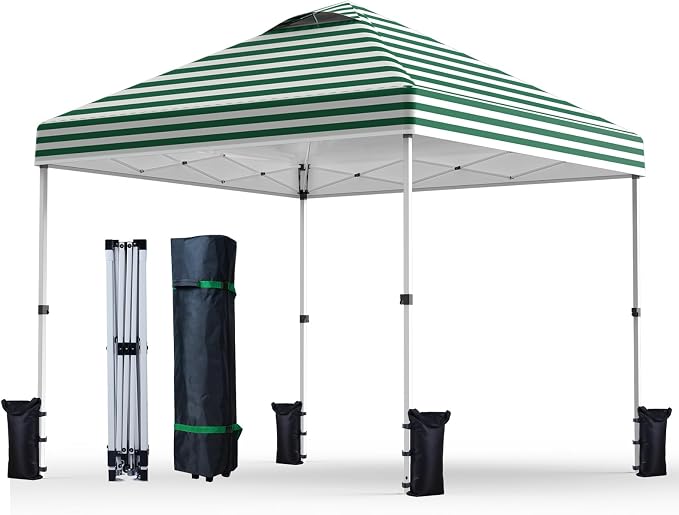 Nazhura 10' x 10' Pop Up Canopy with Sand Weight Bag, Awing for Patio, Freestanding Sun Shelter for Picnic and Camping, One Person Setup, White (Green Stripe)