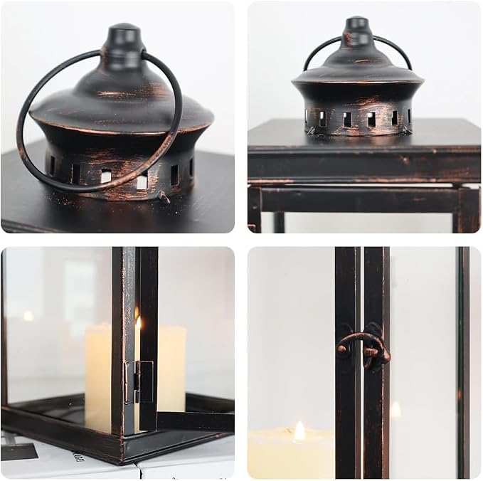 Large Lantern Decorative Outdoor & Indoor, Set of 2 (14’’&10’’) Metal Candle Lanterns Decor, Vintage Hanging Candle Holder for Front Porch Patio Wedding Farmhouse Home, Spring Decoration