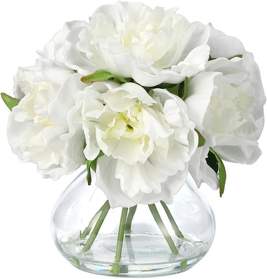 White Peony Bouquet in Glass Vase - 6 Piece Artificial Flower Arrangement with Faux Water for Wedding & Home Centerpieces