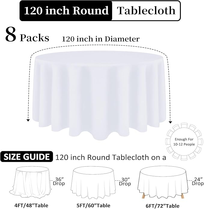 8 Pack White Round Tablecloth 120 Inch White Table Cloth Stain and Wrinkle Resistant Reusable and Washable Polyester Fabric Table Covers for Buffet Wedding Party and Banquet