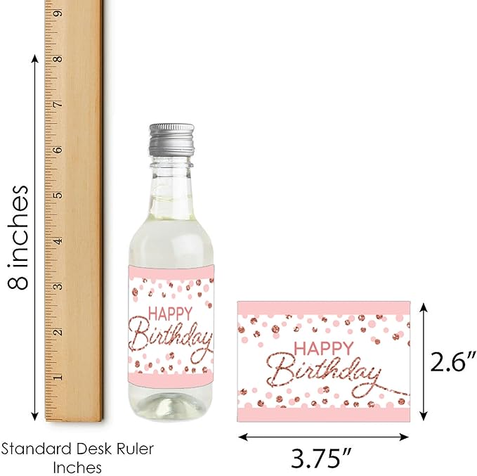 Big Dot of Happiness Pink Rose Gold Birthday - Mini Wine and Champagne Bottle Label Stickers - Happy Birthday Party Favor Gift for Women and Men - Set of 16