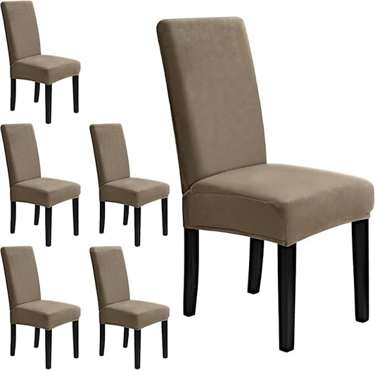 MOSAYT Velvet Stretch Chair Covers for Dining Room Set of 6 - Soft Slipcovers with Thick Removable Fabric for Parsons Chairs, Washable Seat Protectors for Kitchen, Banquet & Home Decor, Taupe