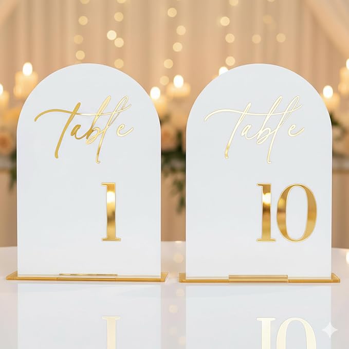 Wedding Table Numbers 1-10 with Holders,5x7 inch Arch Acrylic Table Numbers Signs with Gold Foil Embossed for Wedding Reception, Anniversary, Birthday,Party and Events Decor