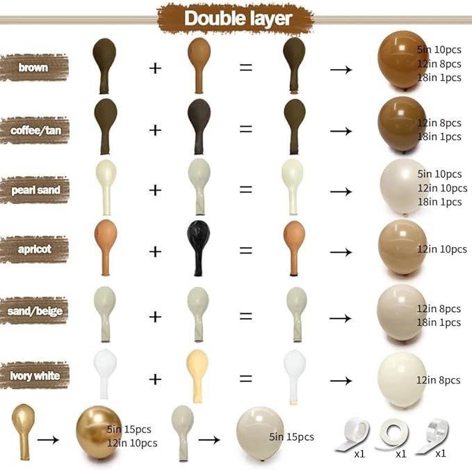 Brown Balloon Garland Arch Kit Double Stuffed, Pearl White Sand Tan Coffee Beige Apricot Ivory Gold Neutral Balloon for Boho Baby Shower Birthday Wedding Bear Gender Safari Party Decoration